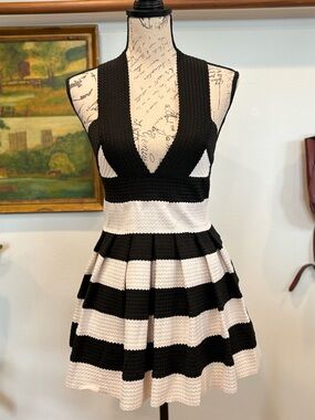 Parvenue Black White Stripe Halter Skater Dress Open Back